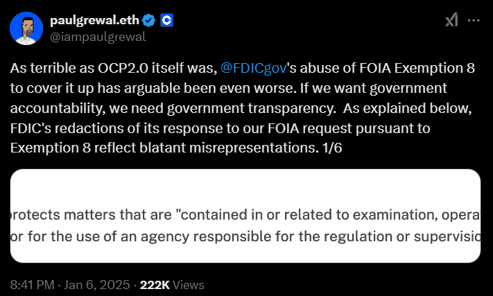 Coinbase CLO accuses FDIC of trying to debunk crypto clients