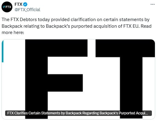 FTX Denies Backpack's Alleged Acquisition of FTX EU Ltd.