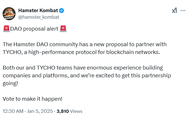 Hamster Kombat Proposes Partnership with TYCHO