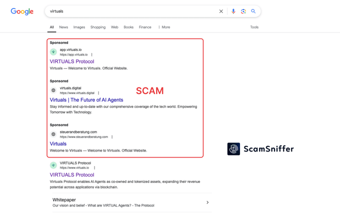 Scam Sniffer Spots Fake Virtuals Protocol Links on Google